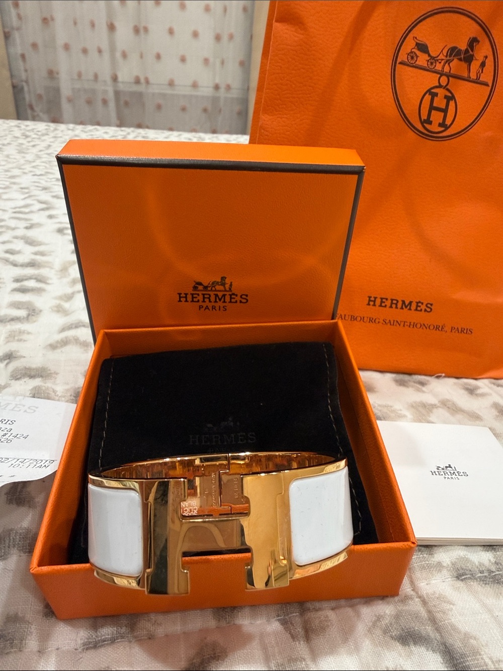 Hermes White Enamel and Gold H Cuff Bracelet